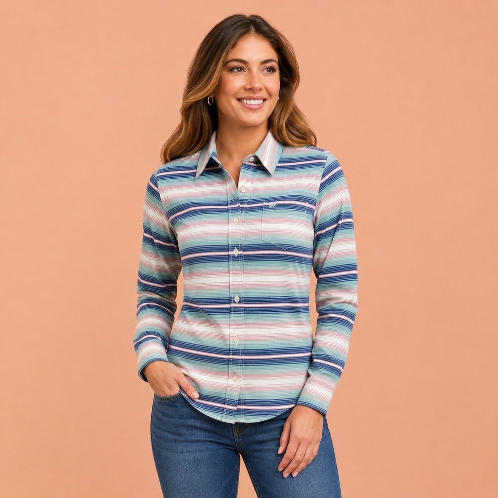 Ariat Real Kirby Downstream Fitted Striped Shirt Women's Medium Cowgirl Ranch